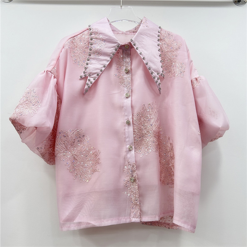 French luxury heavy industry diamond studded pointed collar lantern sleeve shirt for women's fashion sequin embroidery single breasted cardigan for women's top
