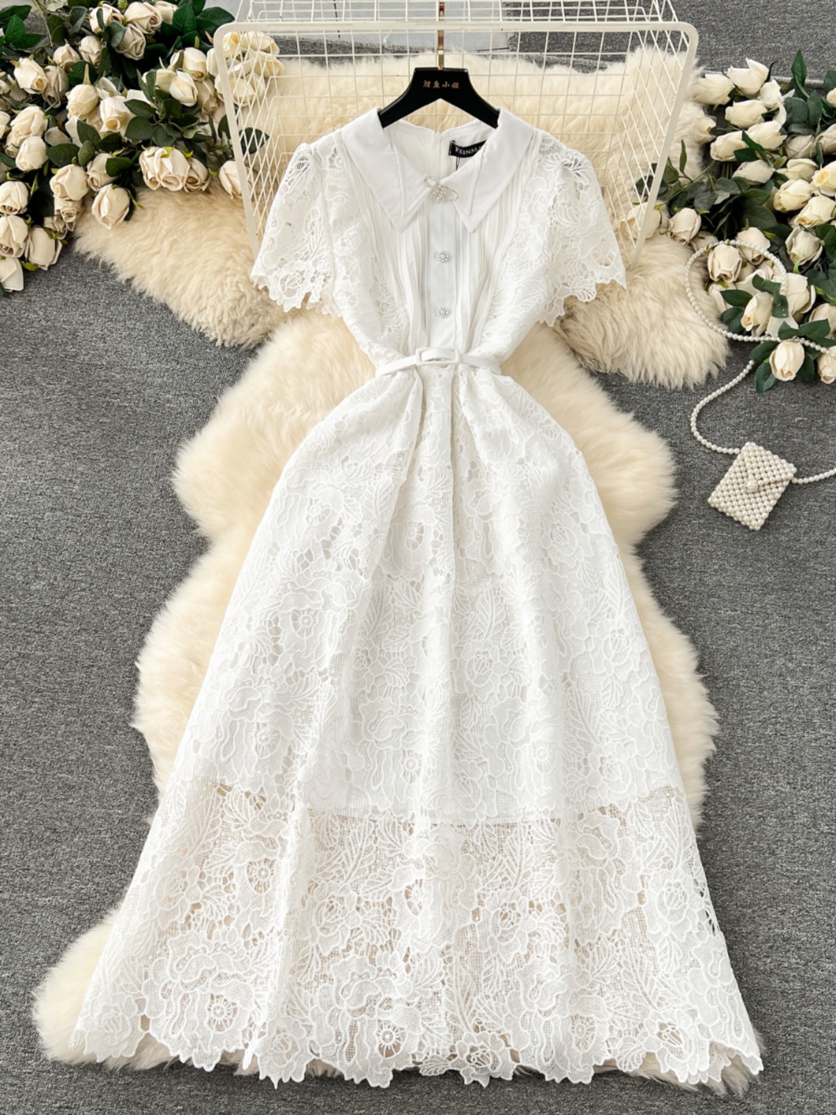 French high-end dress 2024 early spring new design sense breasted slim fit long lace temperament dress for women