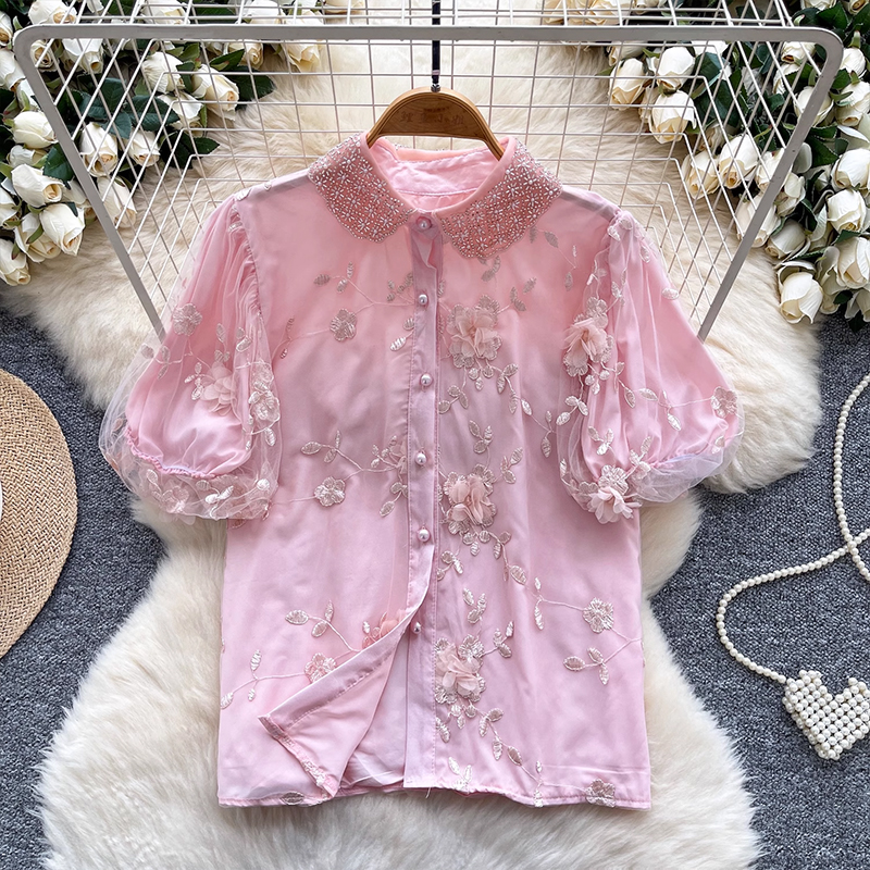 French retro style bubble sleeve shirt for women in summer with mesh embroidery, loose design, light luxury, gentle atmosphere, top