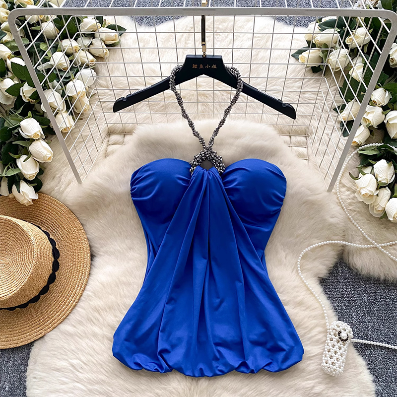 Mingyuan Heavy Industry Hanging Neck Strap Vest Women's Summer Pure Desire Design Sense Splicing Slimming and Slimming Sleeveless strapless Top