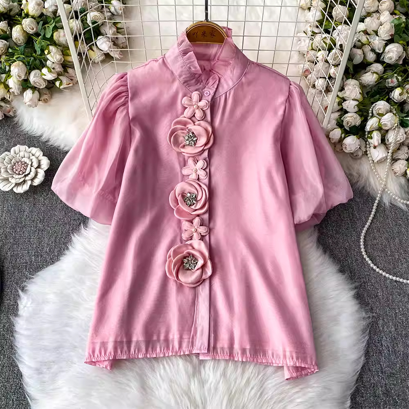 Design sense: Heavy industry diamond inlaid three-dimensional flower stand up collar shirt for women's 2025 summer new item, age reducing bubble sleeve shirt top