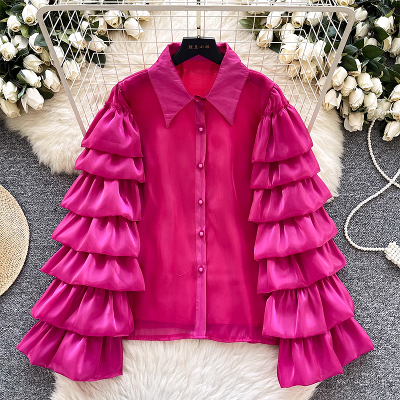 French high-end socialite layered ruffle edge long sleeved shirt, women's stylish versatile flowing satin top for spring 2025