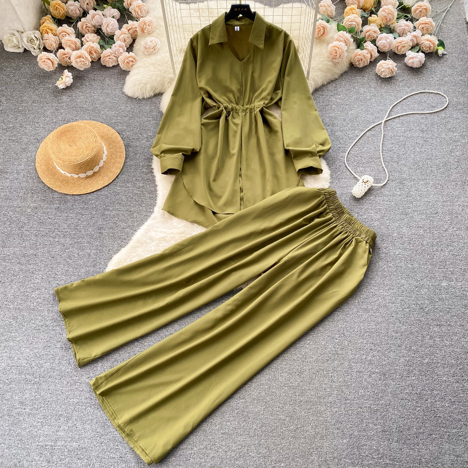 Korean style lazy style drawstring waist cinching loose shirt for women, high waist slimming and wide leg pants for women, autumn wearing two-piece set