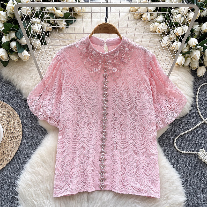 Light luxury palace style high-end bubble sleeve shirt for women's summer heavy industry mesh embroidery hook flower design socialite top