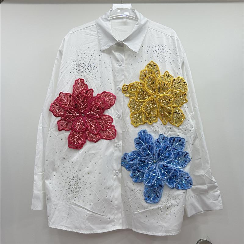 European and American design sense Polo collar nail bead shirt women's flower inlaid diamond loose niche socialite temperament shirt top trend