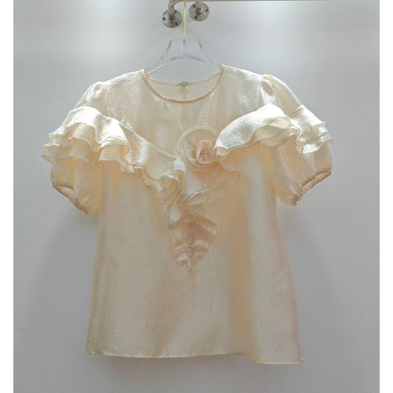 2025 summer new women's clothing French gentle temperament three-dimensional flower round neck bubble short sleeved shirt top