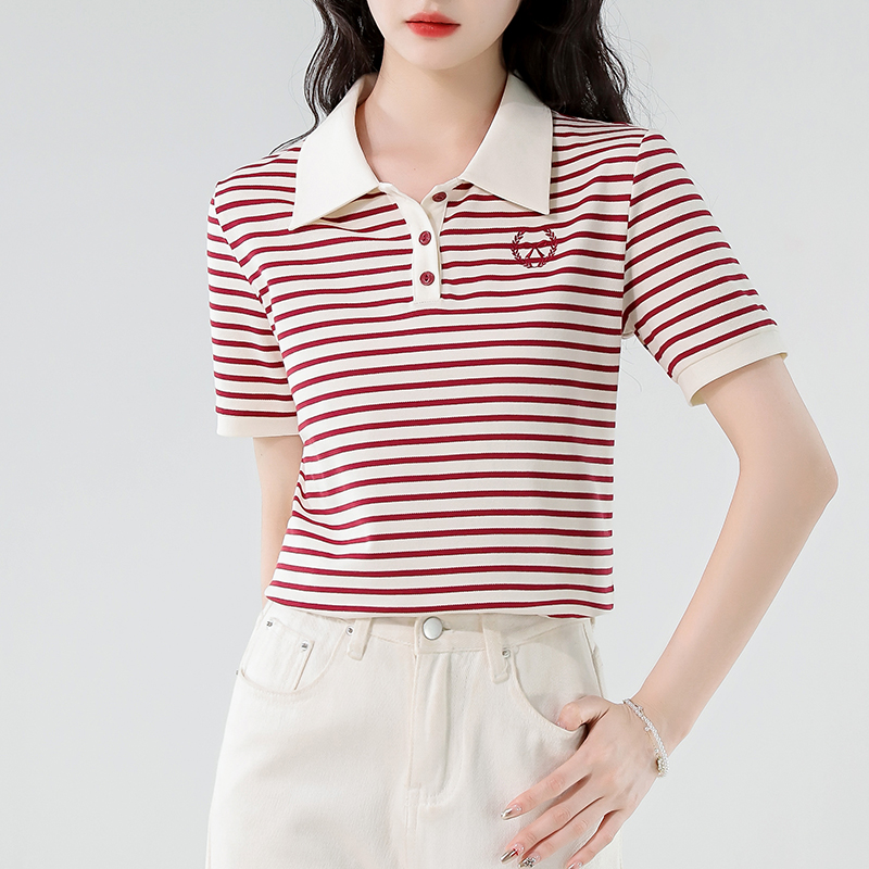 Color blocked lapel striped shoulder T-shirt short sleeved women's summer new Korean loose casual age reducing small top