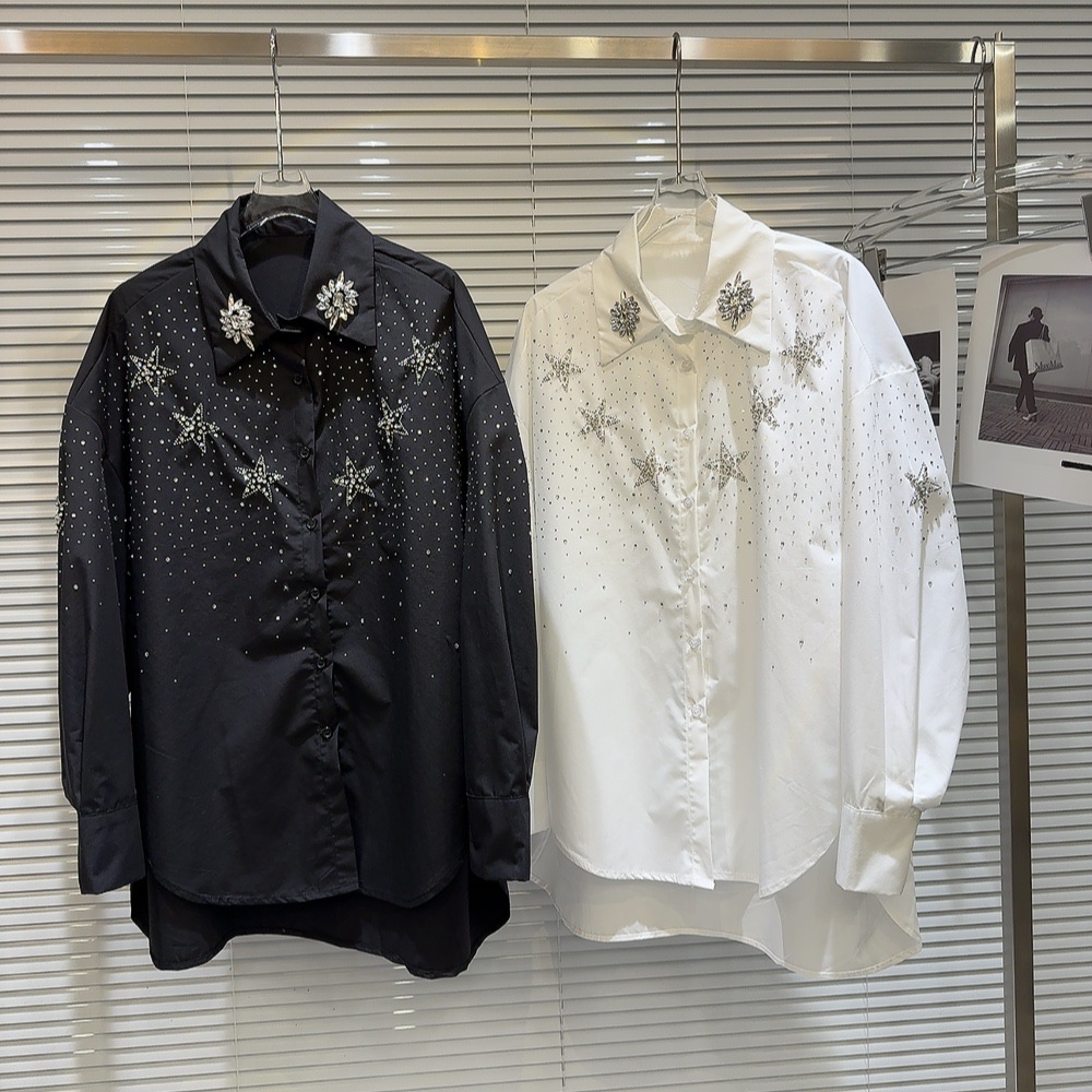 Internet celebrity, same style, 2025 spring new item, niche style, star hot stamping diamond pattern, heavy industry loose dark shirt, women's shirt