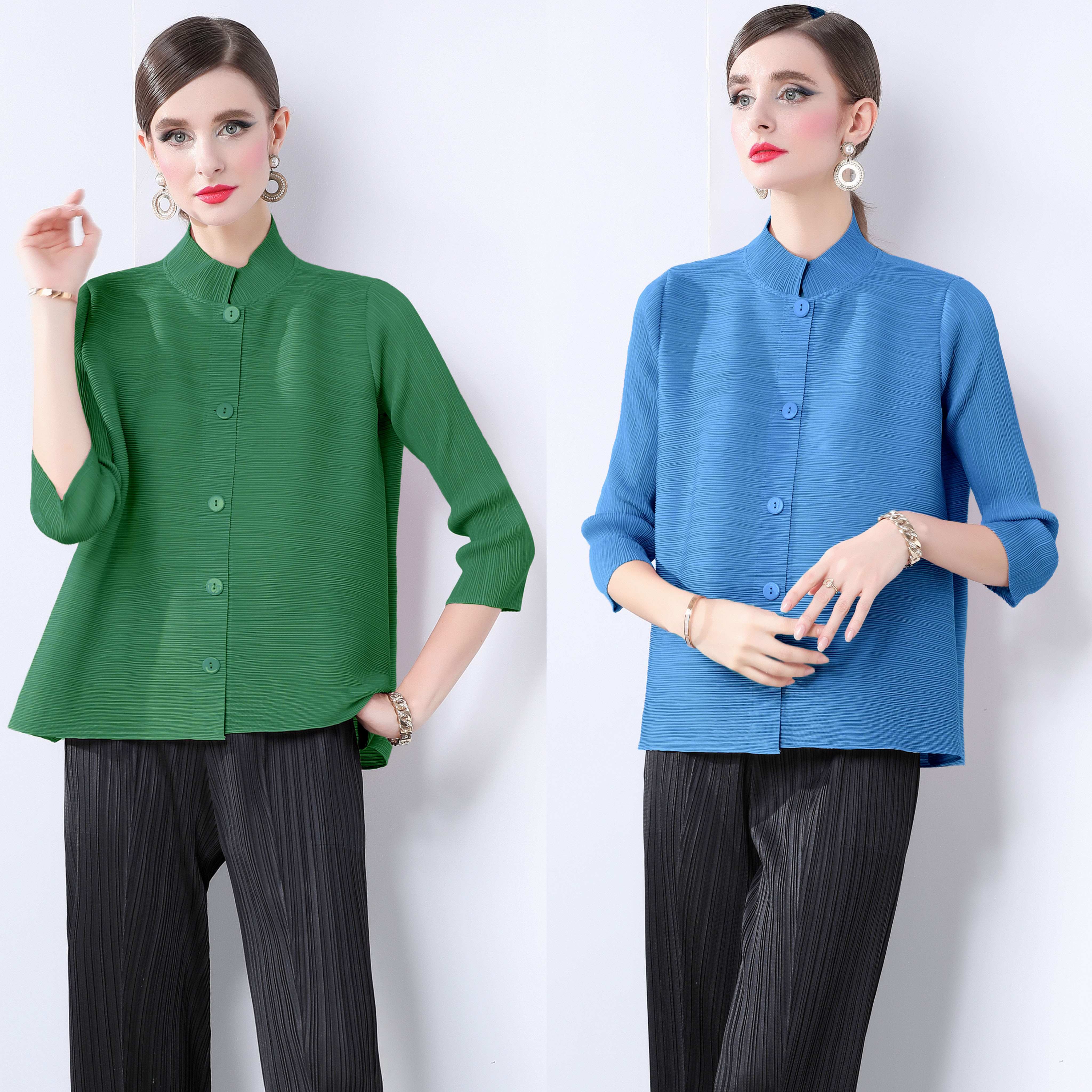 Miyake solid color versatile loose pleated top in mm size, with 9/4 sleeves and stand up collar for commuting, slimming shirt, minimalist jacket