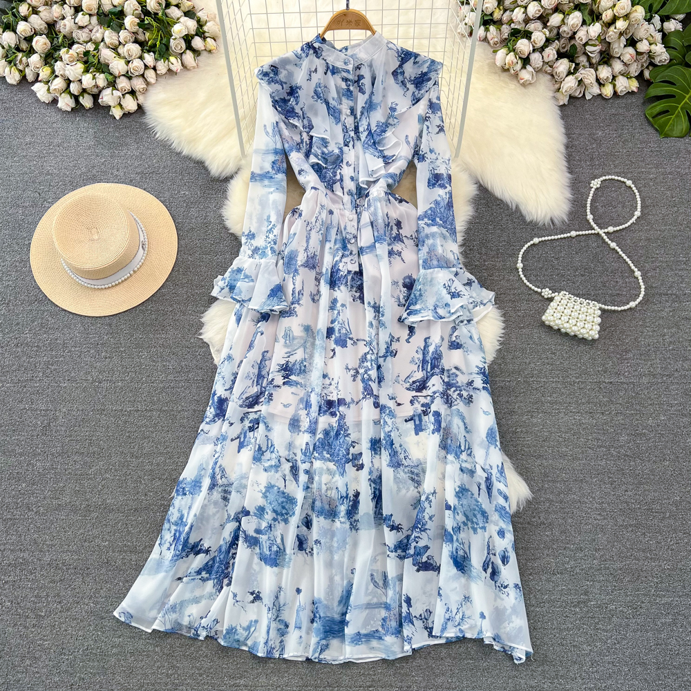 Spring and Autumn retro palace style trumpet long sleeved standing collar, waist cinching, slimming A-line celadon printed large swing dress dress