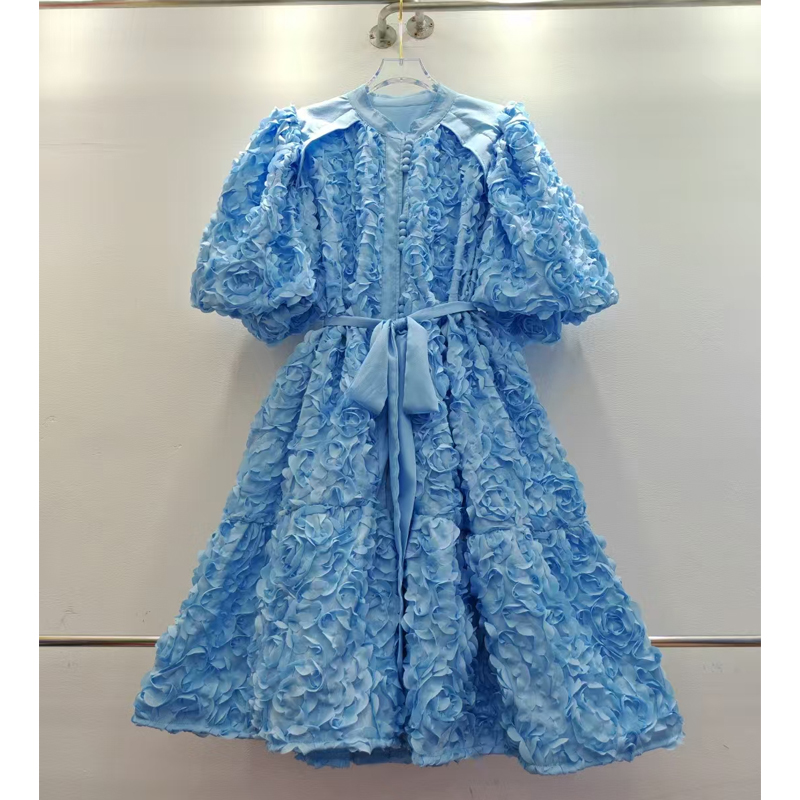 European style summer new bubble sleeve three-dimensional flower round neck single breasted loose short skirt dress with belt for women