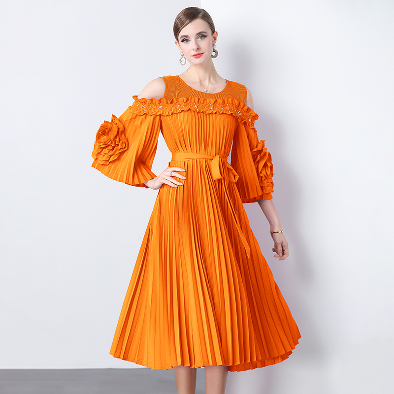 Miyake 2025 new one shoulder flared sleeve three-dimensional flower waist cinching slimming women's pleated dress cross-border nail bead