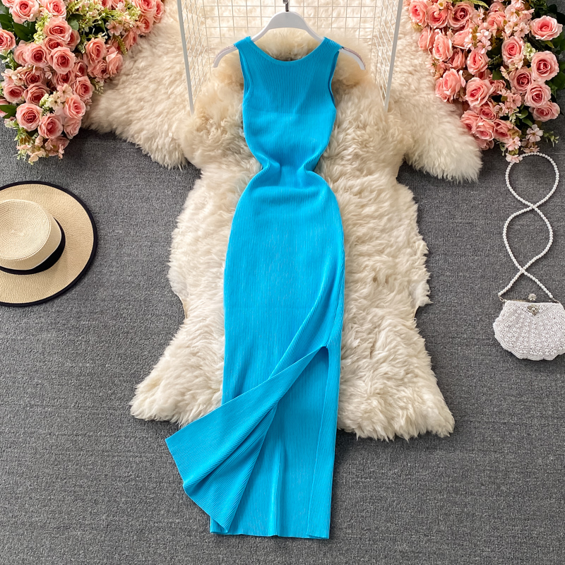 Summer New Style Round Neck Sleeveless Elastic Waist Highlighting Hip Knitted Dress with No Split Sleeves and Hip Wrapping Mid length Skirt