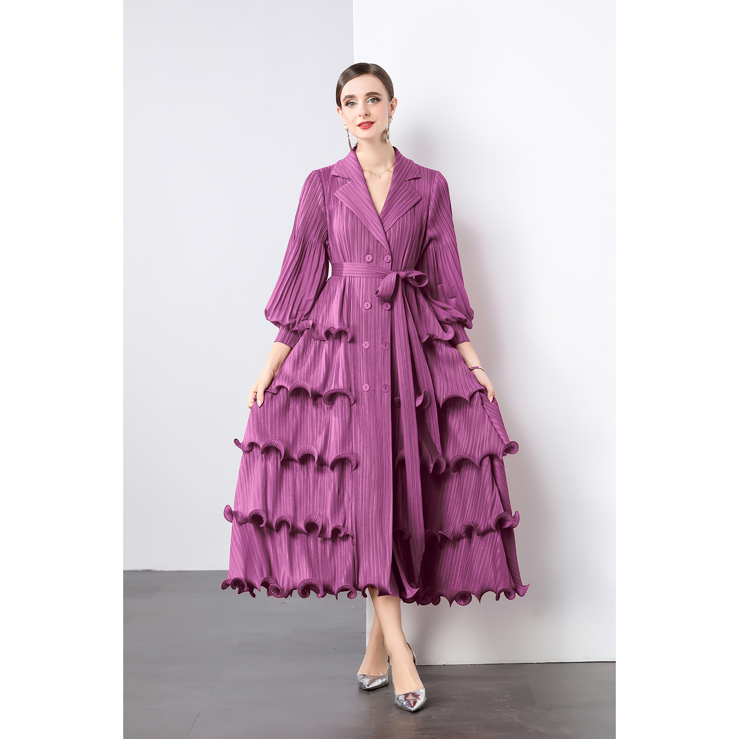 Miyake suit collar cardigan dress, black fungus edge pleated cake skirt, heavy-duty lantern sleeves, plus size mm, cross-border women's outfit