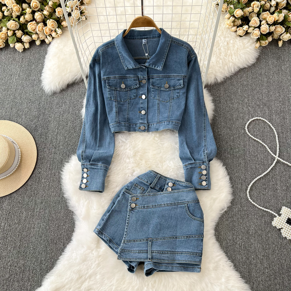 Fashion suit women's Korean version loose BF high waist short denim jacket two-piece set high waist slimming skirt pants