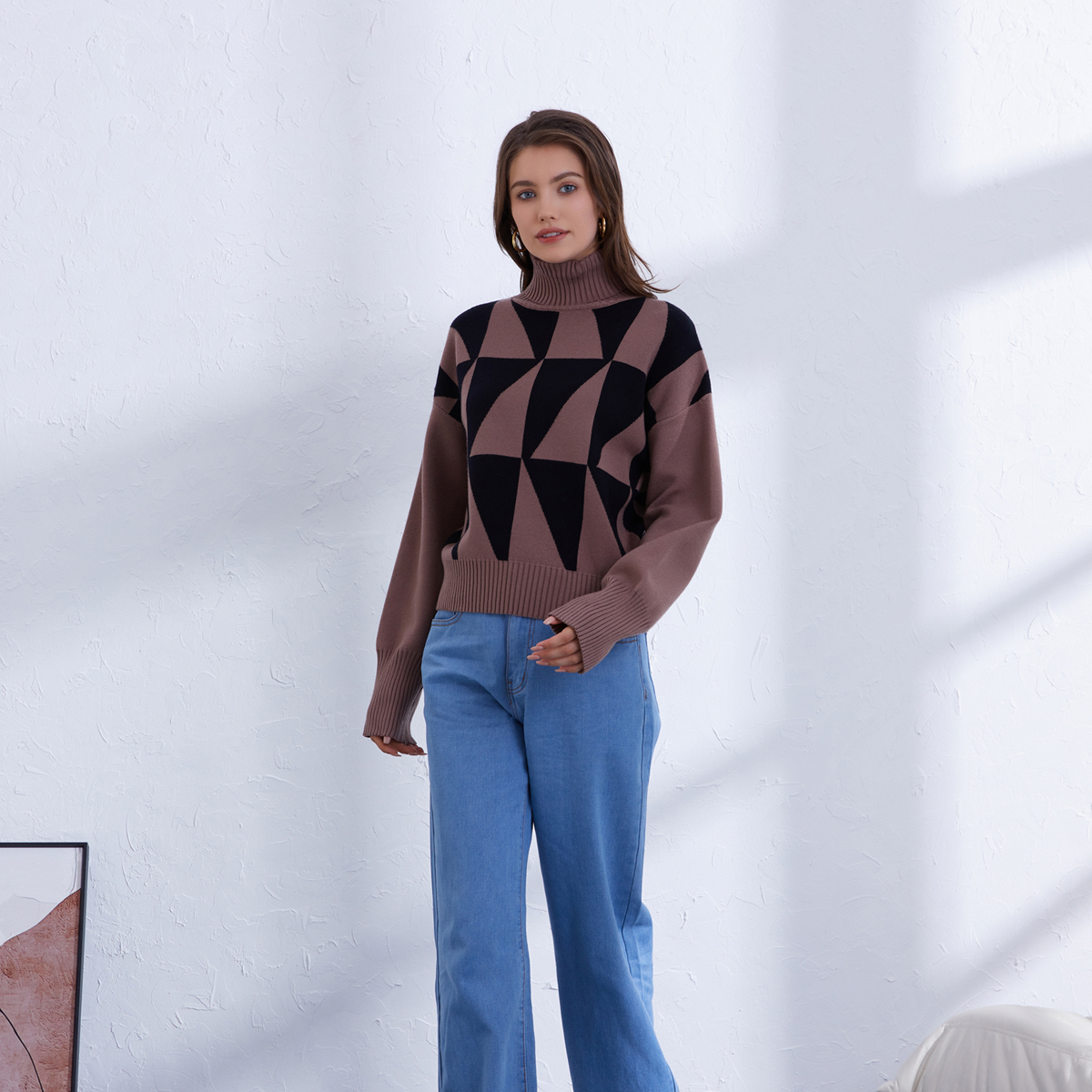 High collar diamond grid knitted sweater, heavy-duty light luxury European version, stylish autumn and winter new item, contrasting color, foreign trade, cross-border fashion, versatile