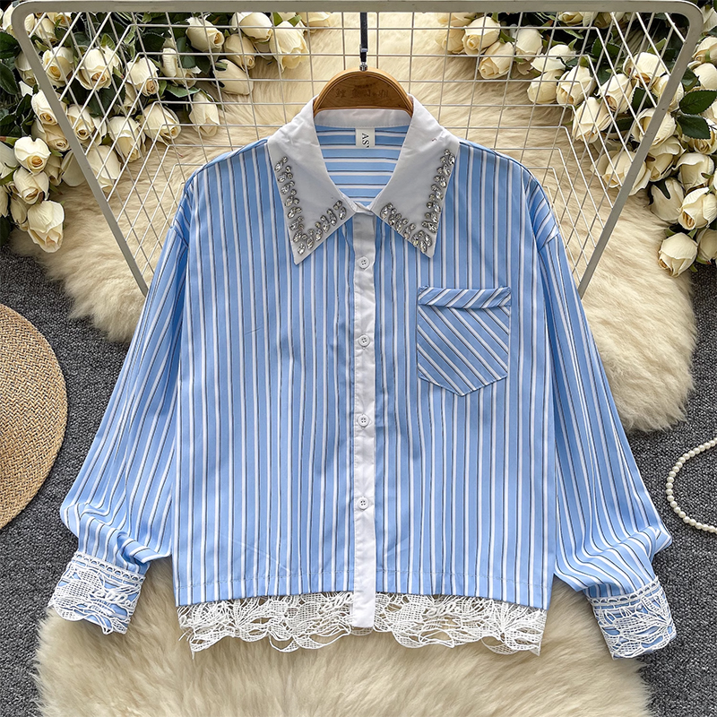 Advanced diamond studded polo collar long sleeved shirt for women, new Korean fashion lace patchwork loose striped top for women