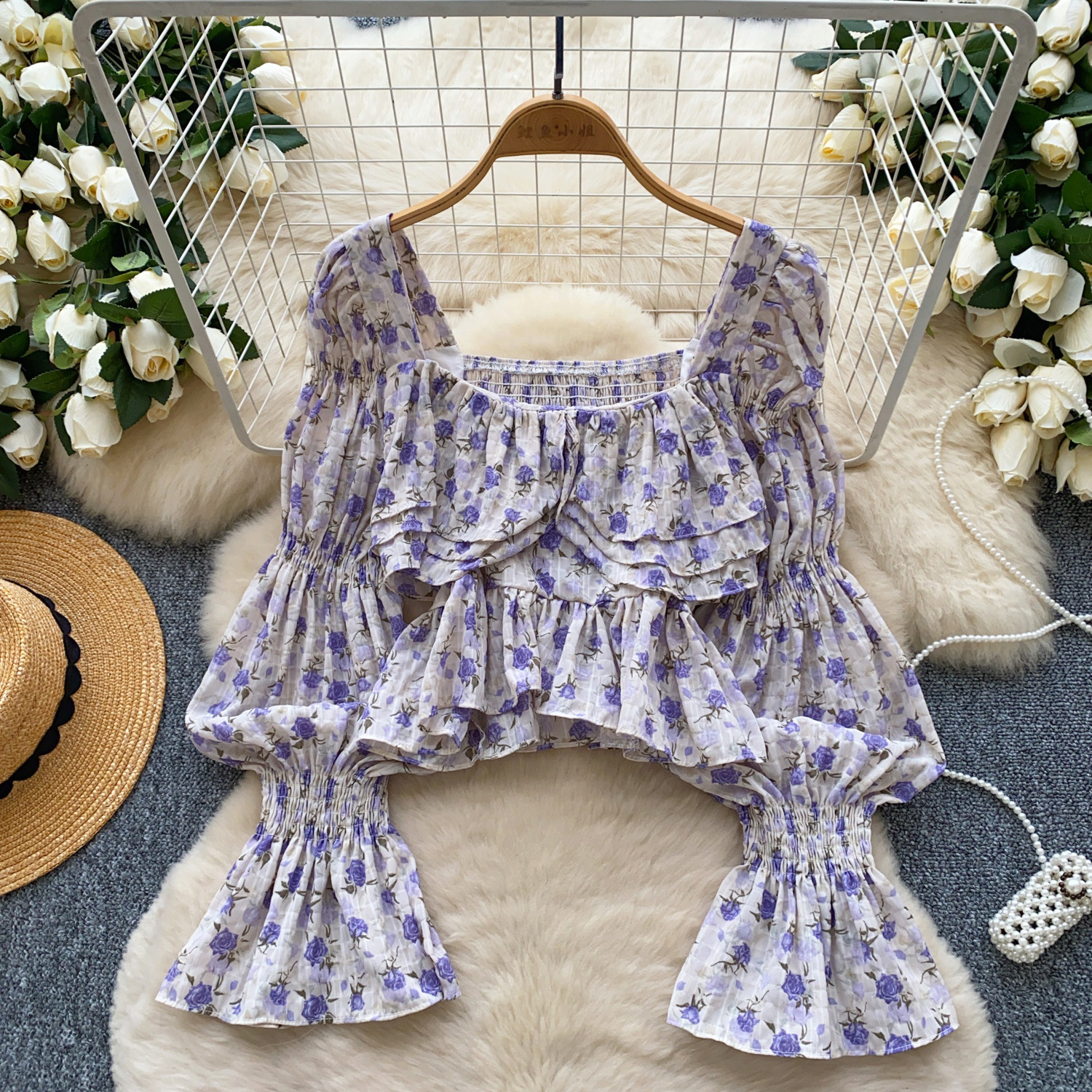French gentle style square neck bubble sleeve floral shirt with women's design sense square neck ruffle edge short chiffon shirt top
