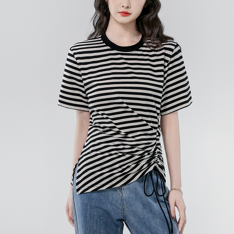 2025 Summer New Commuter Slim Drawn Top Striped Versatile Short Sleeve Round Neck Pure Cotton T-shirt for Women