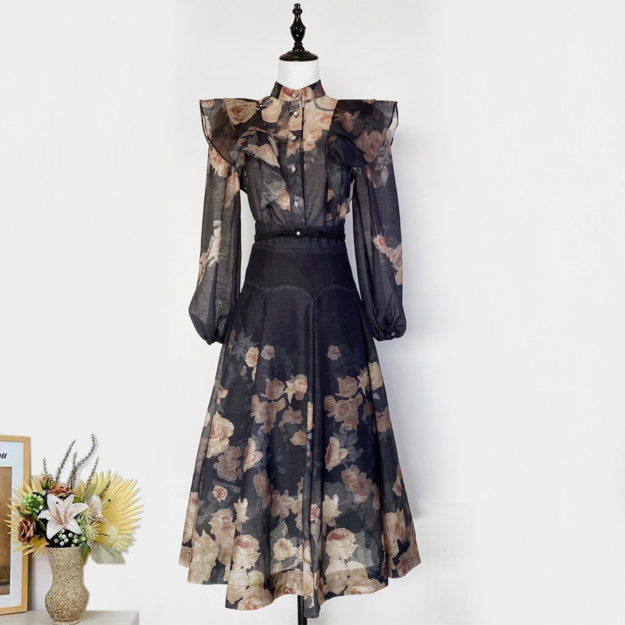 Cross border foreign trade light luxury high-end French retro ruffle edge stand up collar printed long sleeved shirt+large swing skirt set
