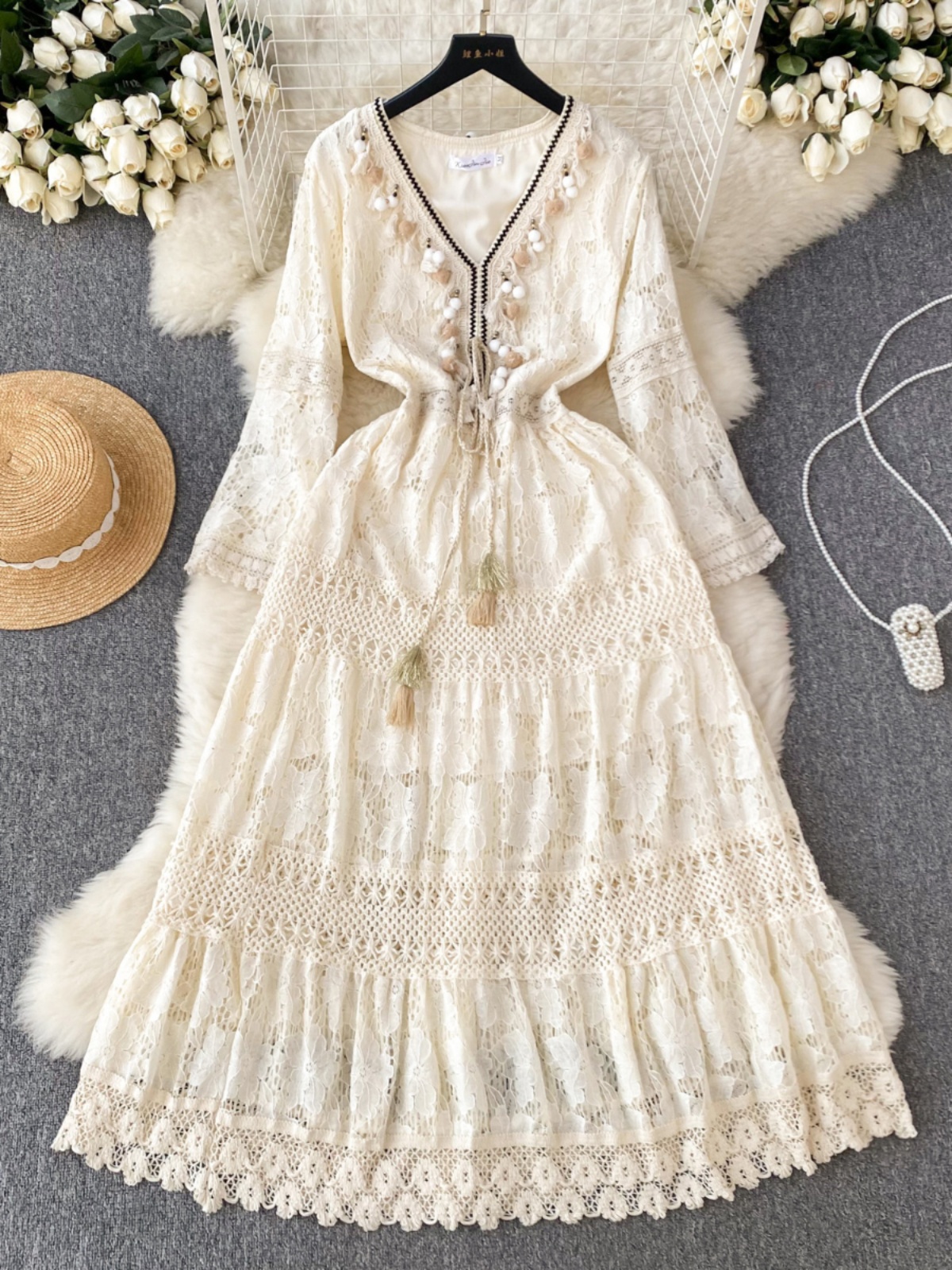 French court style high-end dress, women's mesh crochet V-neck tassel design, niche and super fairy style long dress