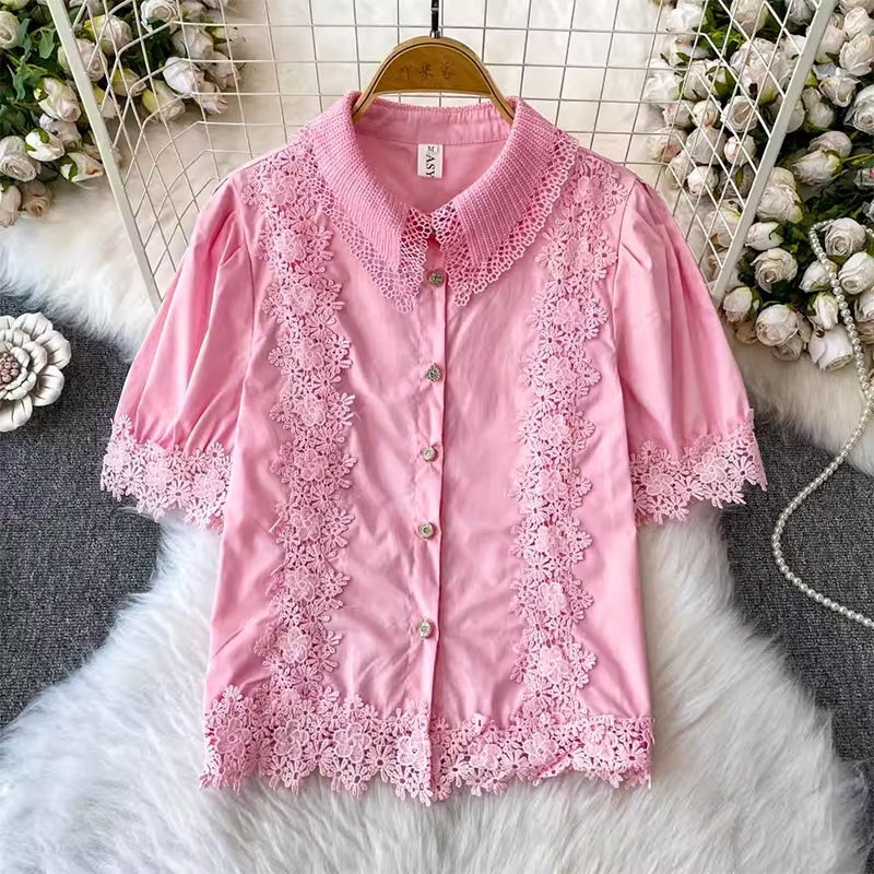 Small Lace Lace Splicing Bubble Sleeve Shirt 2025 Summer Korean Edition High Waist Short Style Water Diamond Button Small Shirt Trendy