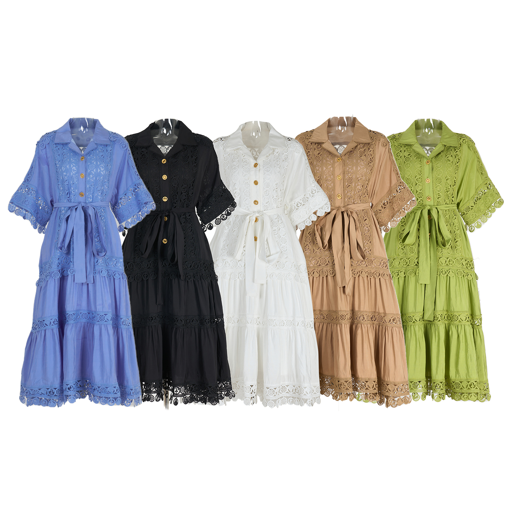 Real time spot casual loose shirt skirt, spring women's short sleeved collar, lace hollow embroidery dress, lace up tie