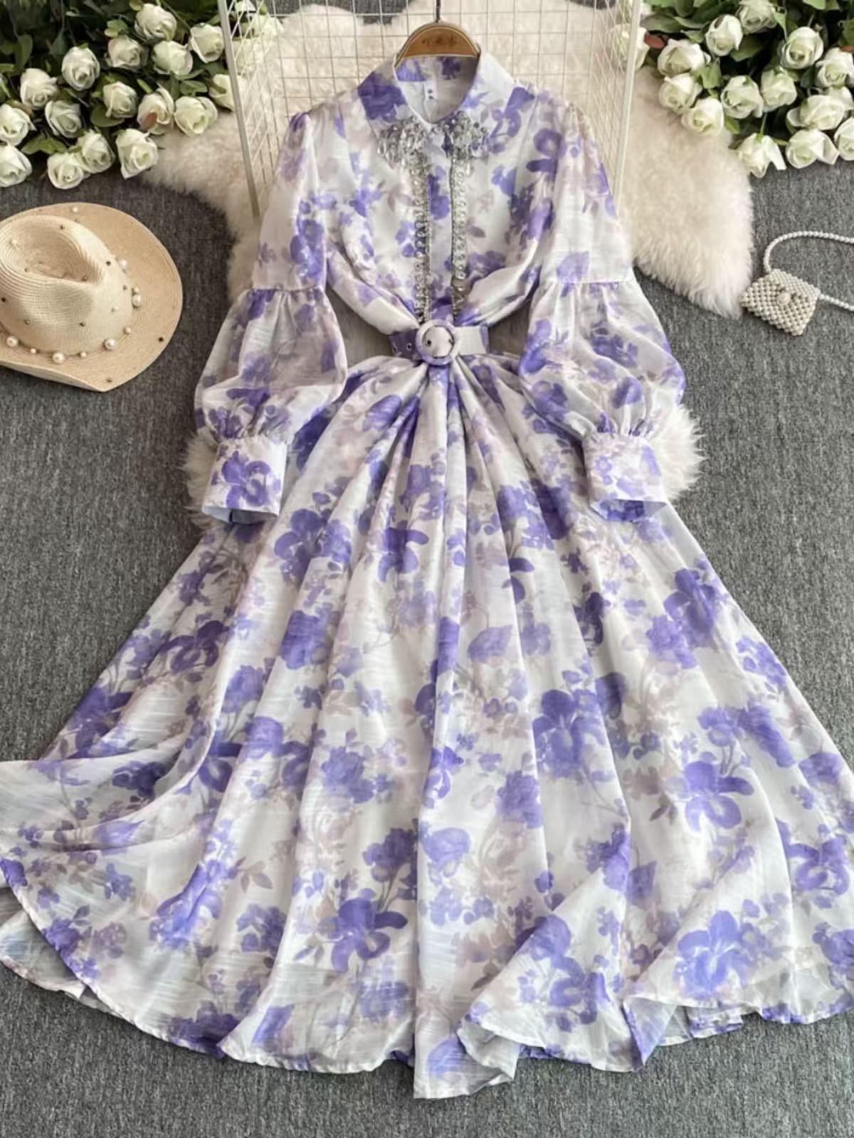 Light mature style retro temperament long sleeved lapel cinched waist slimming A-line printed pleated dress elegant large swing long skirt