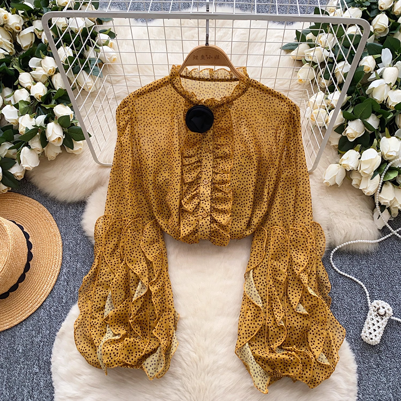 2025 Spring/Summer Autumn New Women's Clothing French Three Dimensional Flower ruffle Edge Wave Dot Shirt Top
