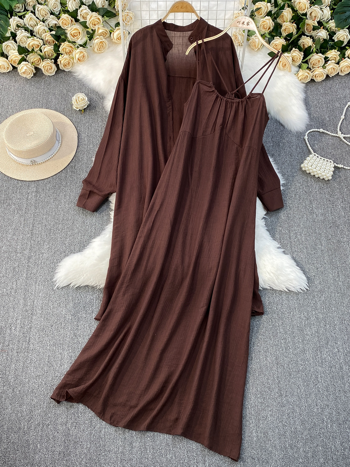 Lazy style camisole dress for women, layered two-piece set, loose and slimming, paired with thin sun protection long sleeved cardigan jacket