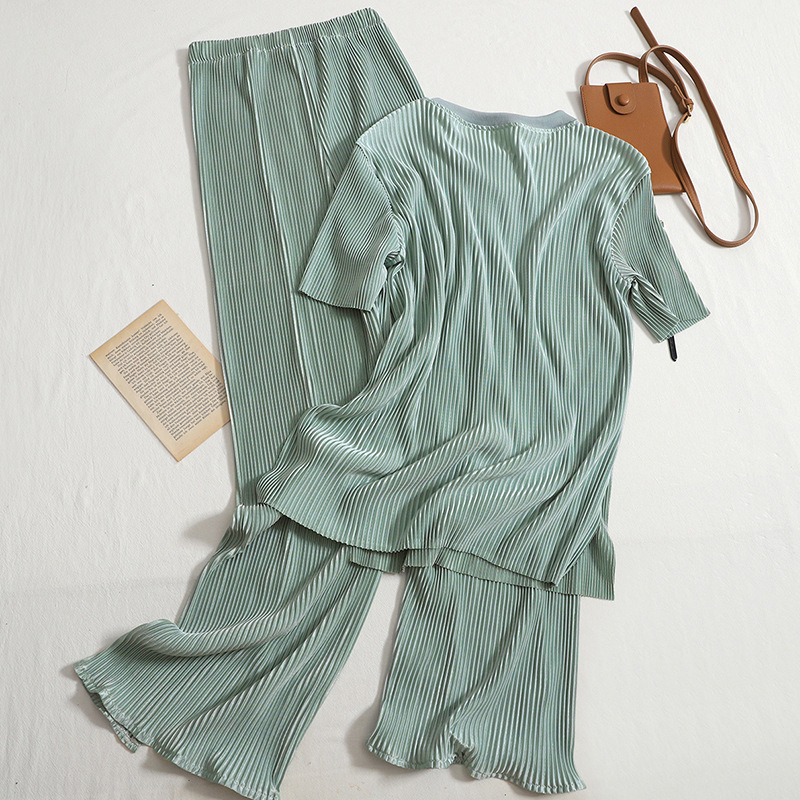 Leisure suit women 2022 summer new style temperament round neck T-shirt top high waist split wide leg pants two-piece set