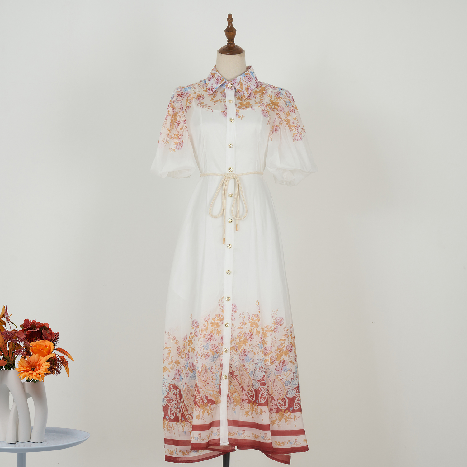 Real shot spot positioning printed vacation style buckle lapel tie waist cinching dress for early spring ladies with intellectual style