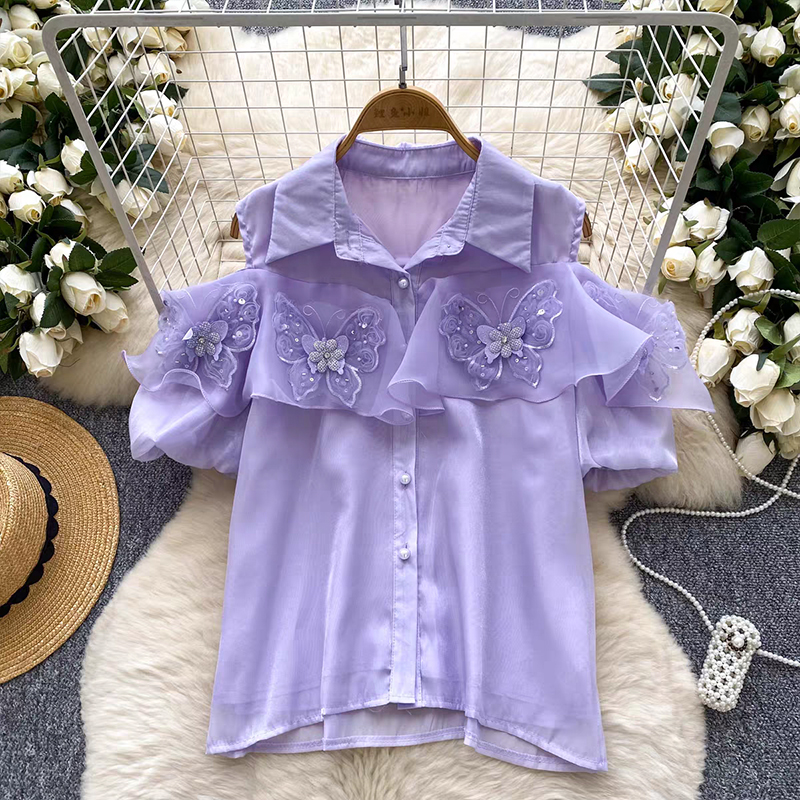 French retro Polo collar shirt for women in summer, off shoulder, three-dimensional butterfly ruffle edge design, elegant and trendy top for ladies