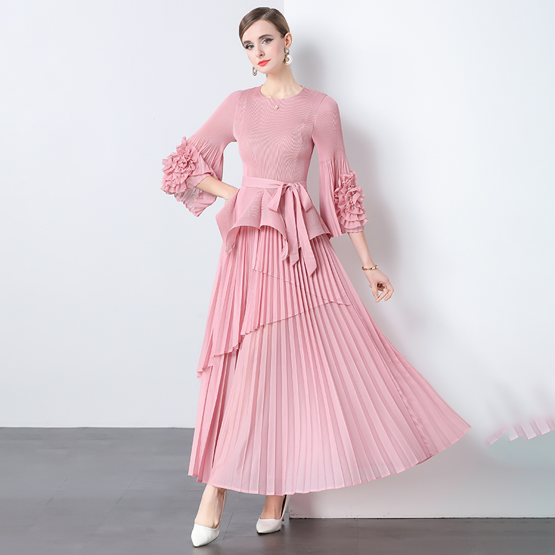 Miyake Cross border European and American Women Hand Embroidered Nail Beads Irregular Wrinkle Design Feel Loose Top Loose pleated Skirt
