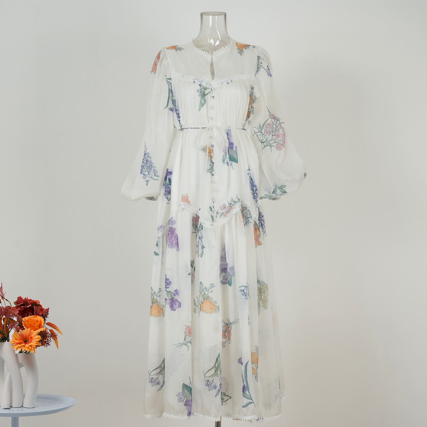 Real shot French elongated style lace long sleeved lace up dress with beautiful floral A-list French dress in stock