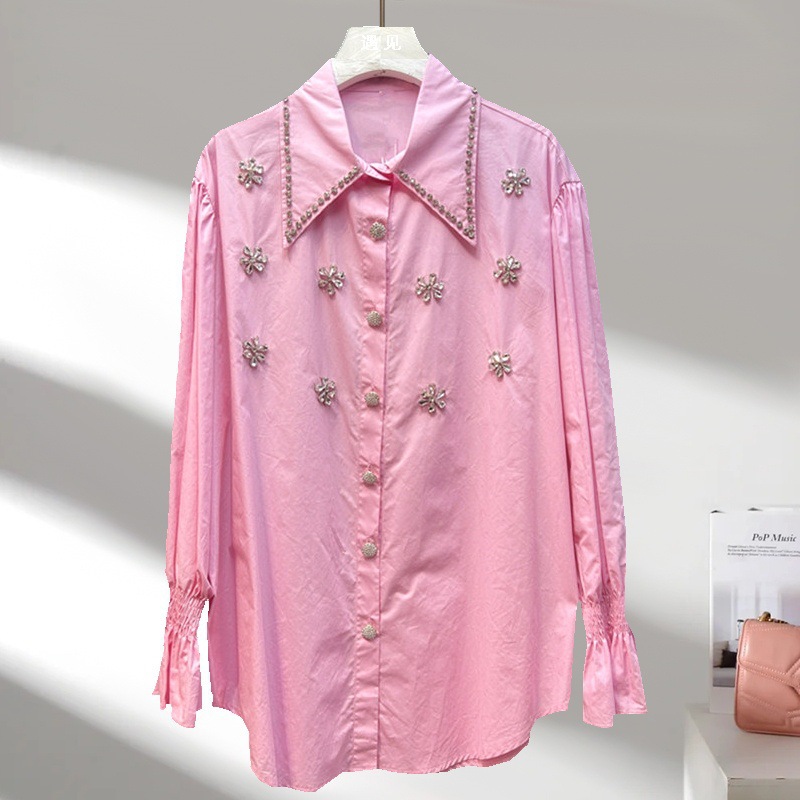 French heavy industry diamond studded pointed neck shirt for women, 2024 autumn and winter new style, high-end sense, niche loose temperament, long sleeved top