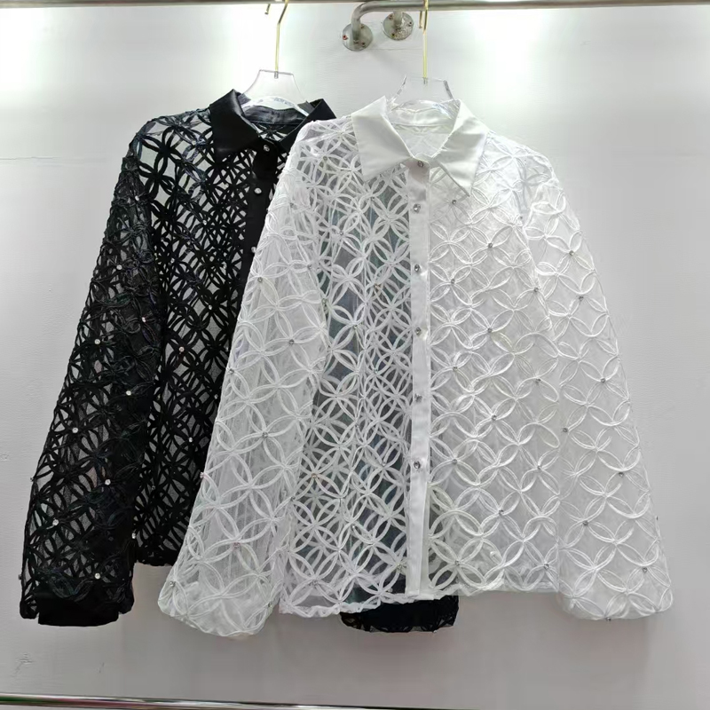 Embroidered flower shirt women's long sleeved diamond studded 2025 spring/summer new design, niche retro lantern sleeve top
