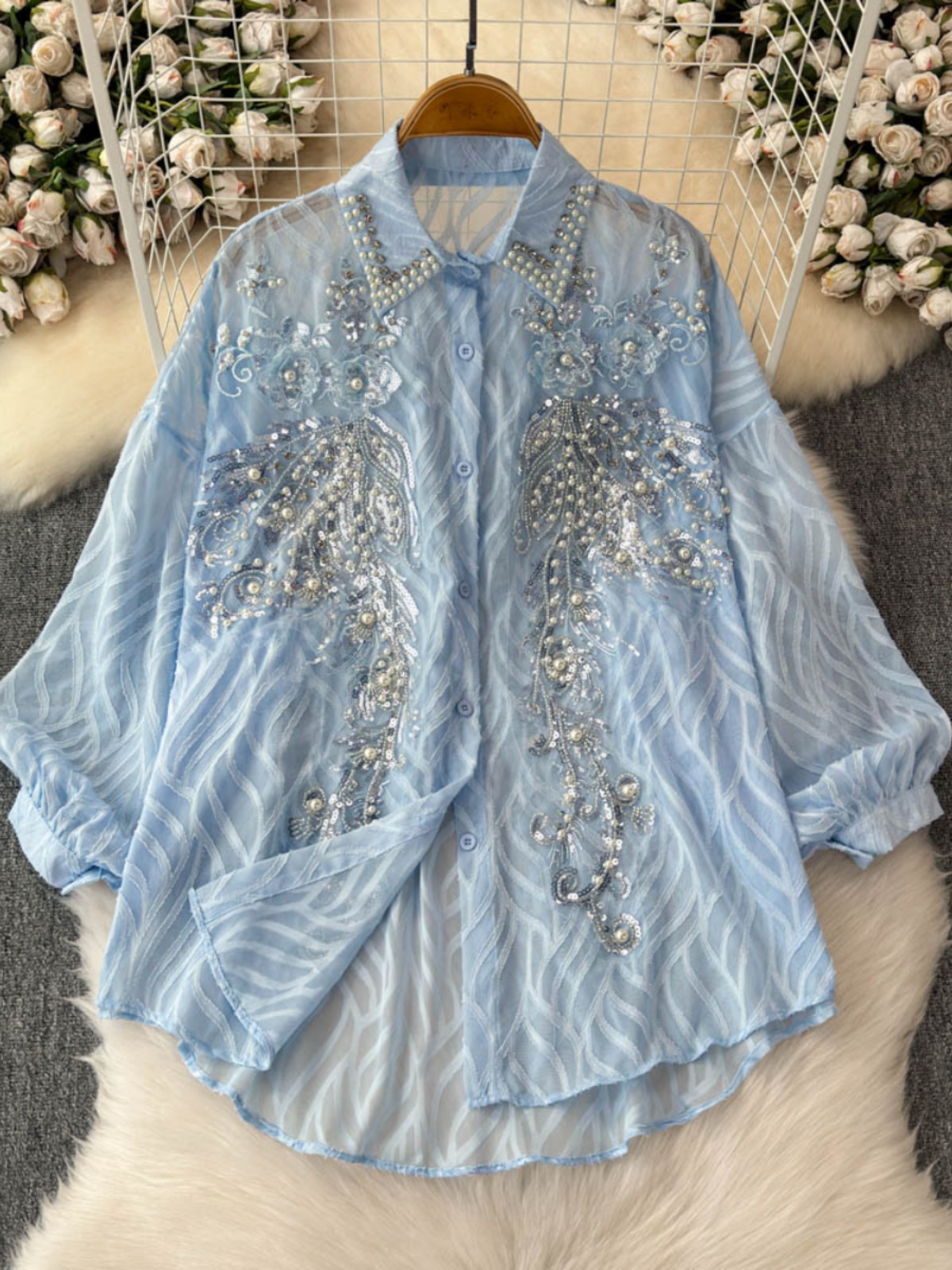 Fashionable and age reducing shirt for women, featuring French heavy industry sequins, embroidery with diamonds, versatile and high-end design, lantern sleeves, slimming effect, and trendy top