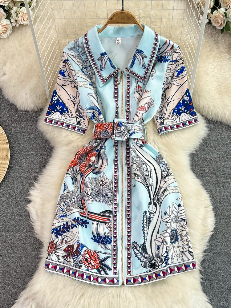 2025 summer high-end retro temperament short sleeved lapel cinched waist slimming positioning printed A-line shirt dress
