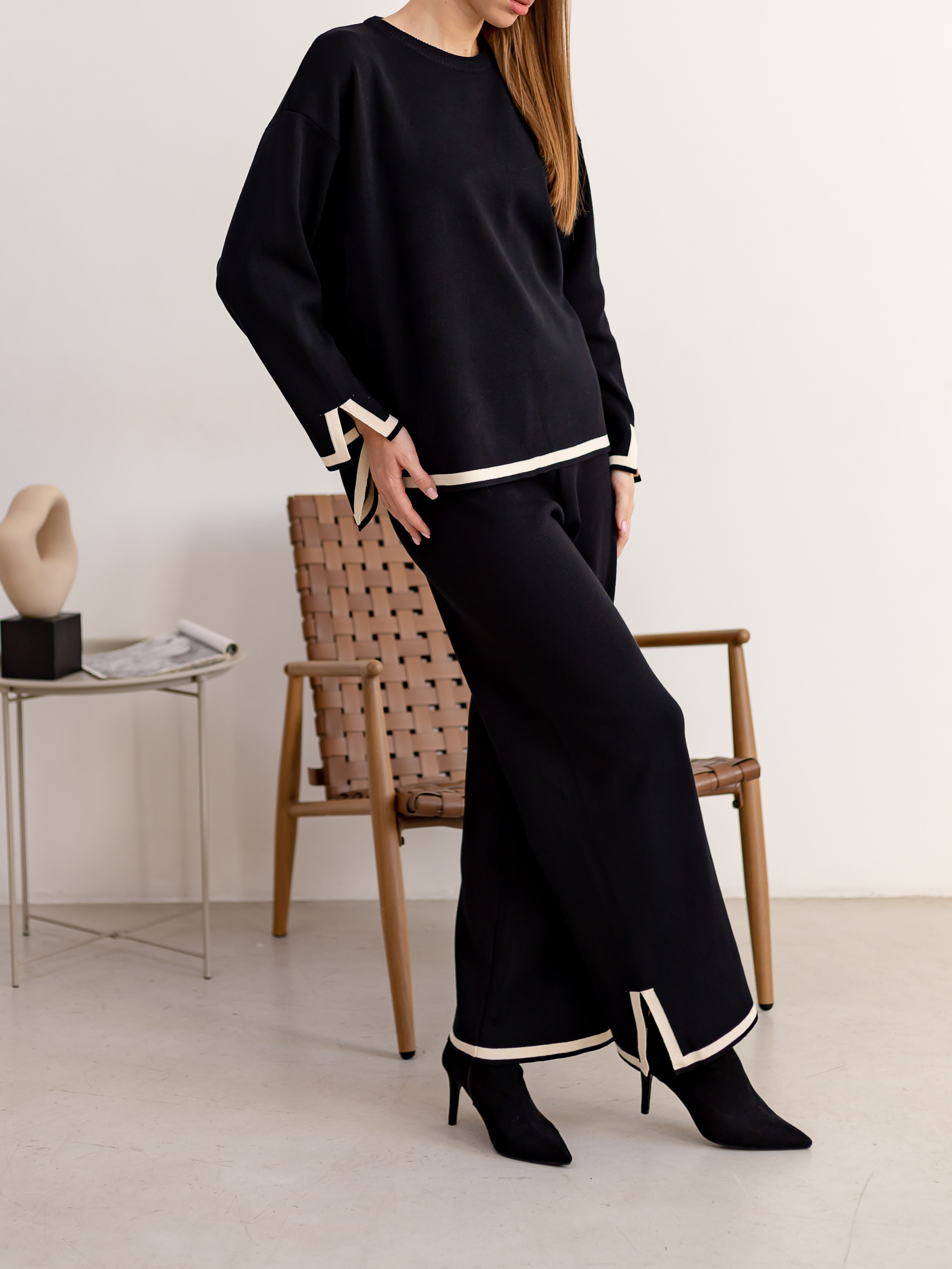 European and American Cross border Thickened Home Clothing Set 2-piece Set Long Sleeve Knitted Sweater Top Wide Leg Pants Casual Set