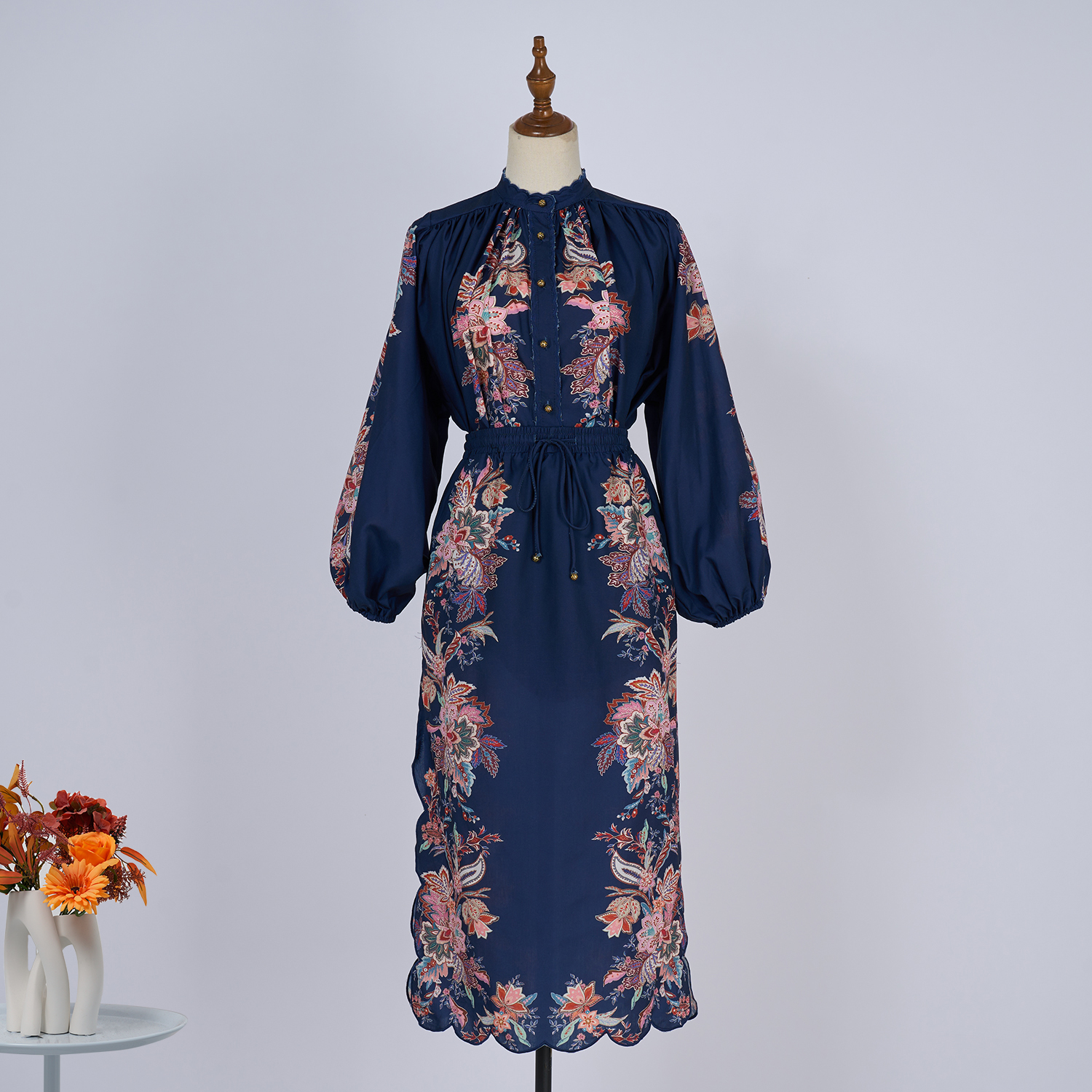 Real time spot new palace style elegant slimming lantern long sleeved stand up collar versatile ramie shirt+long skirt set