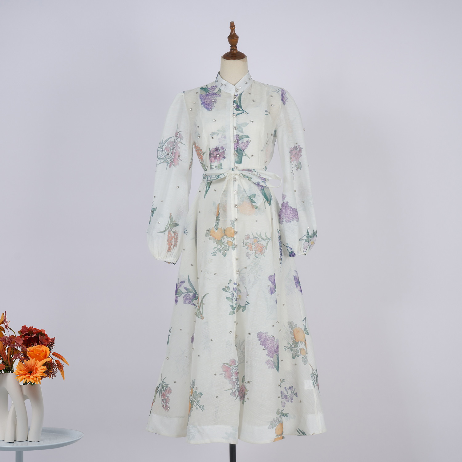 Real time spot luxury 21 color nail drill lace up super slim fit large swing silk and linen long dress with suspender