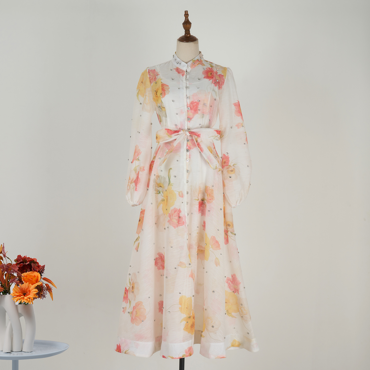 Real time spot European and American vacation style heavy industry nail bead stand collar printed single breasted long skirt elegant socialite dress