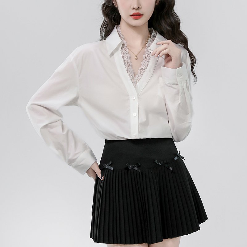 French style white shirt with lace patchwork sun protection top, high-end long sleeved shirt, women's double-layer lace shirt