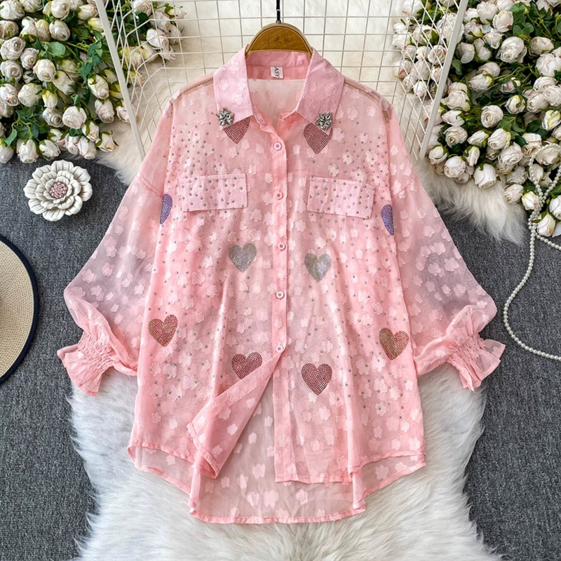 Design sense: niche, non collision shirt, hot stamping, heart-shaped lapel, lantern sleeves, sun protection shirt, women's summer loose mid length jacket
