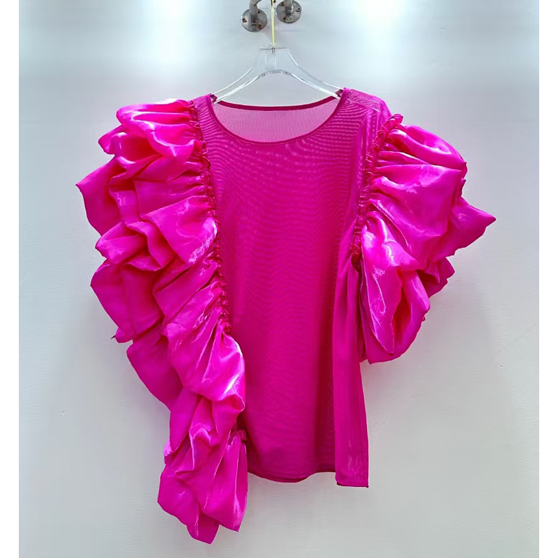 New style versatile ruffle edge retro long sleeved solid color careful machine shirt chiffon shirt