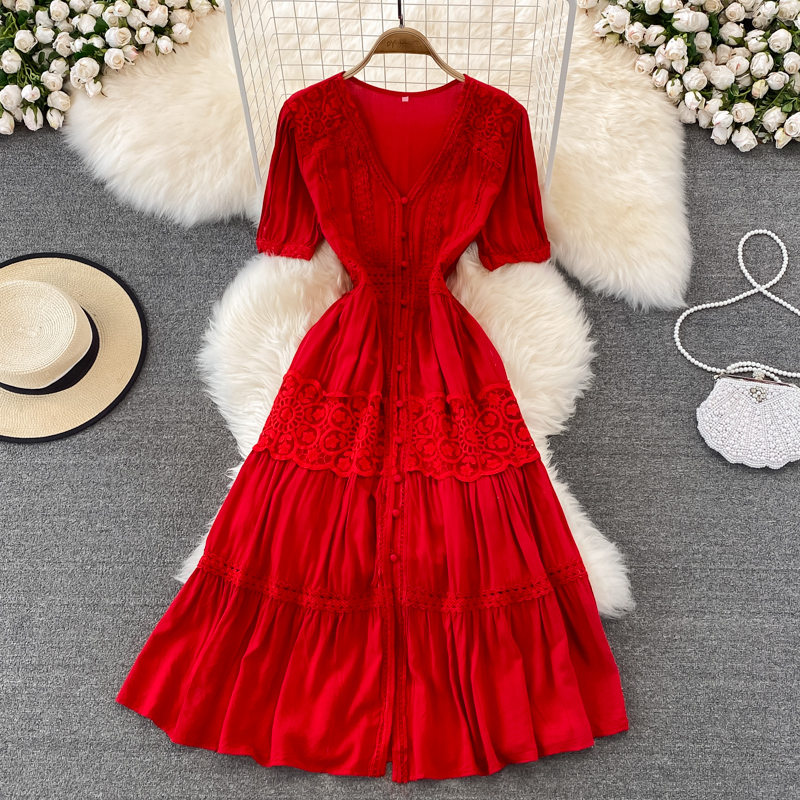 V-neck red dress summer style Campanula French retro first love temperament fairy dress beach vacation desert long dress