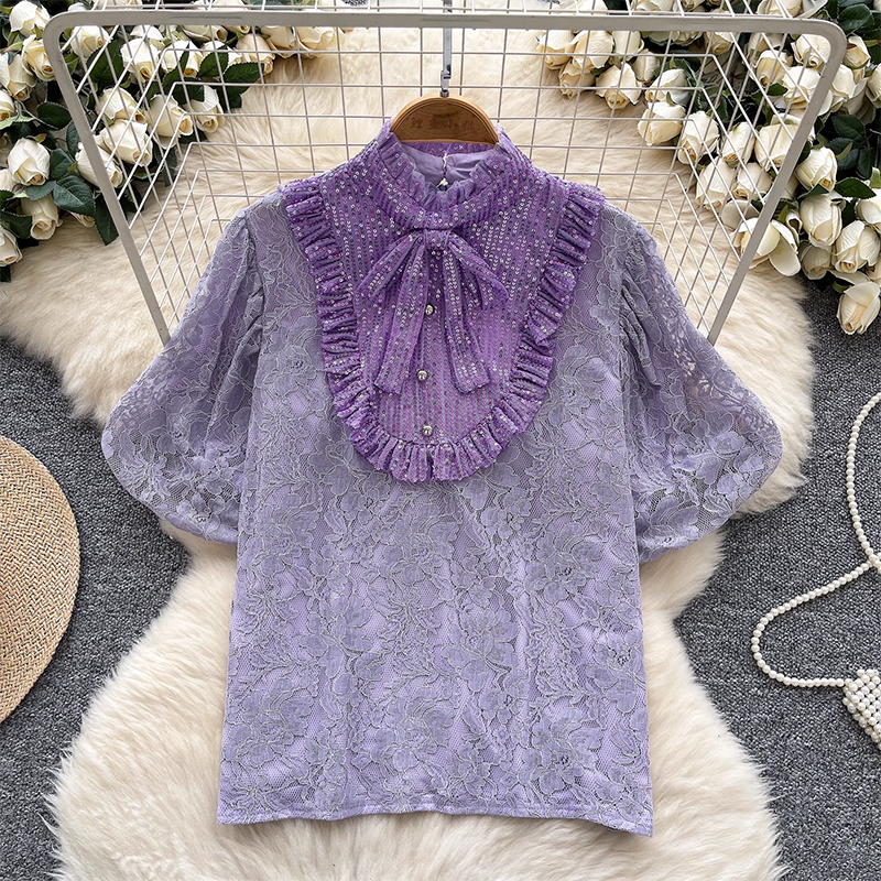 French court style sequin patchwork bubble sleeve lace shirt for women, summer chic versatile fashionable pullover top for women