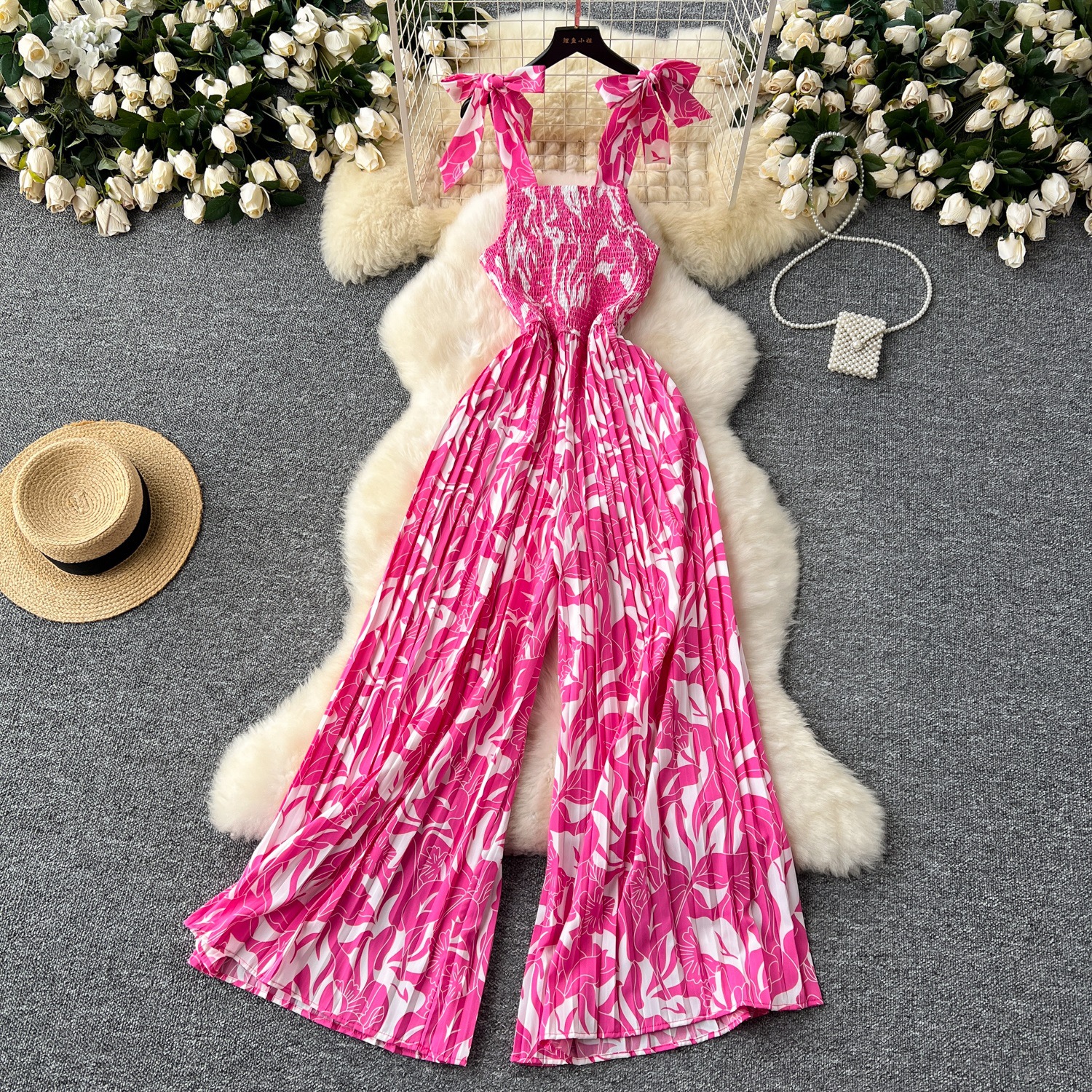 Summer vacation jumpsuit for women, elastic pleated waist with floral suspenders, wide leg long pants, beach pants
