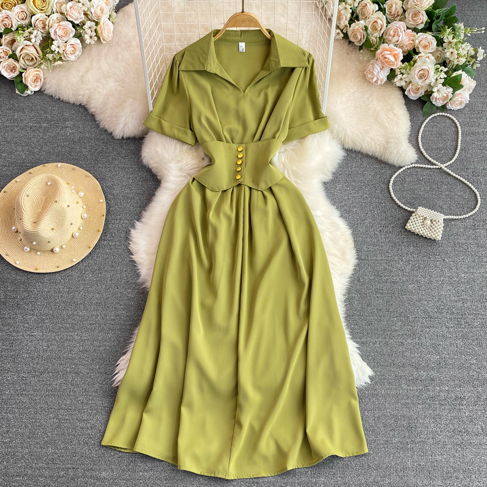 French style temperament shirt skirt, summer new fashionable polo collar short sleeved slimming A-line dress